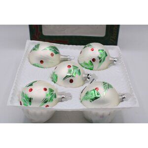 Holiday Time 5-Pack Glass Pearl Christmas Ornaments Holly and Berries Design Vtg